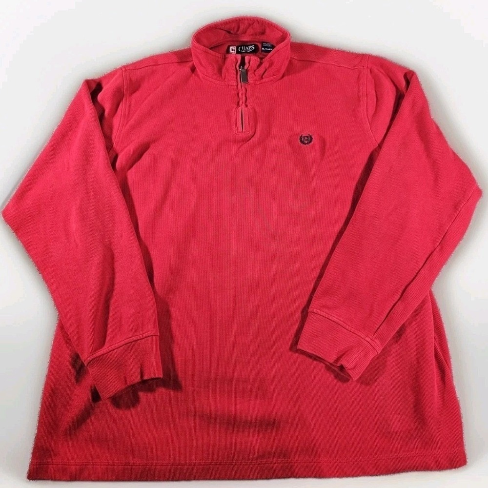 Chaps Quarter Zip Pullover Mens XL Red Ribbed Knit Cotton Mock Neck Sweater